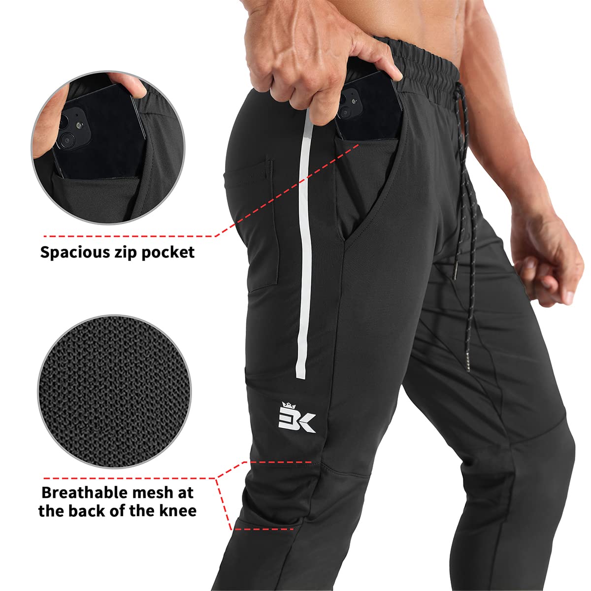 Mens 3 Pack Lightweight Running Gym Jogger Pants, Men's Workout Sweatpants