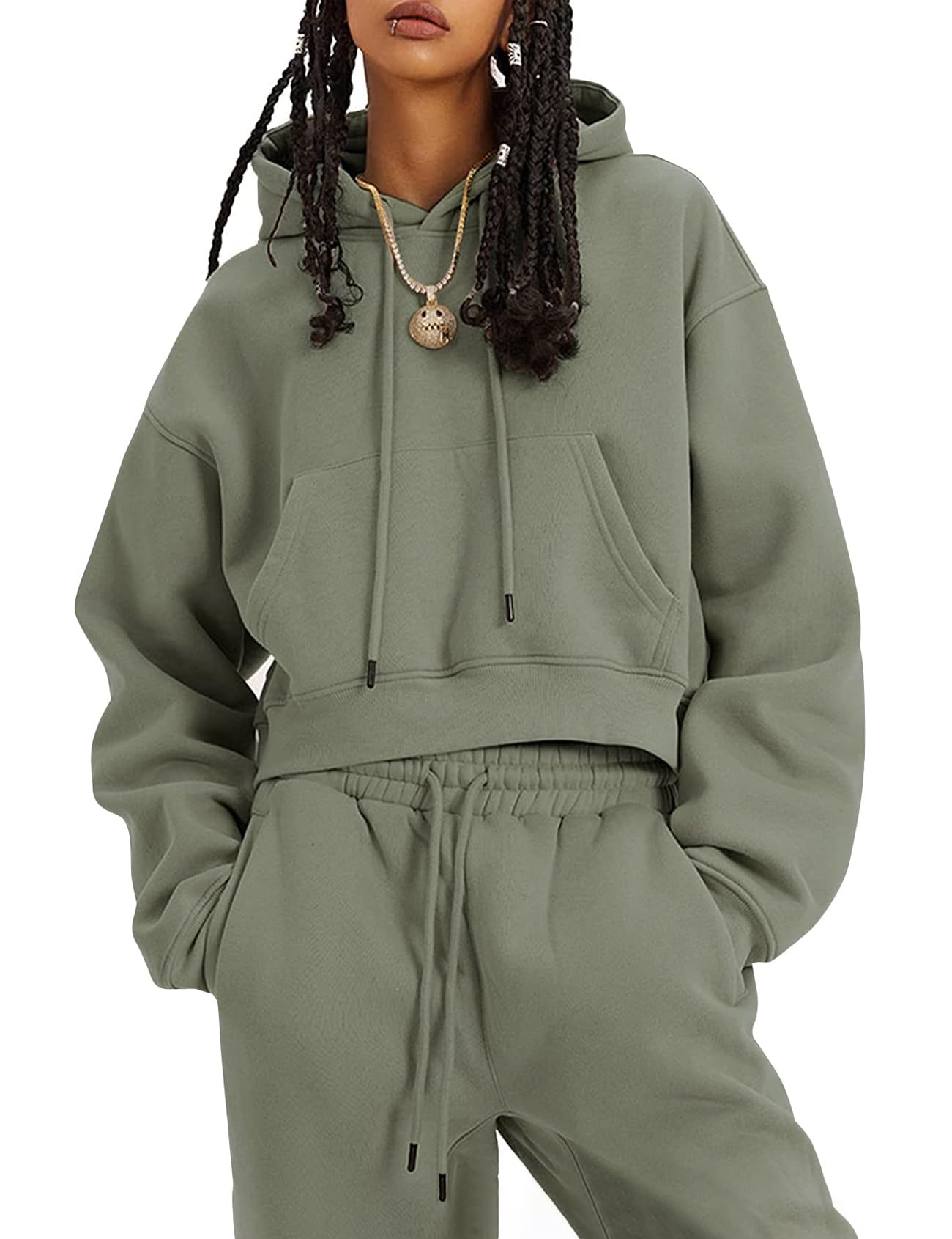 Womens Fleece 2 Piece Outfits Sweatsuit Crop Pullover Sweatshirt Joggers Pants Tracksuit Set