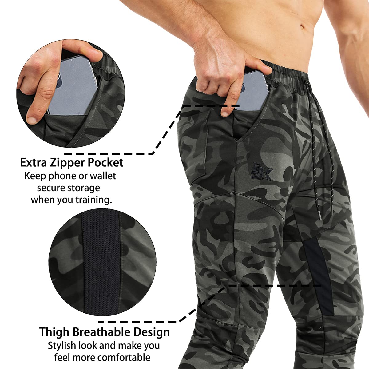 Mens Gym Jogger Pants,Casual Slim Workout Sweatpants with Zipper Pockets
