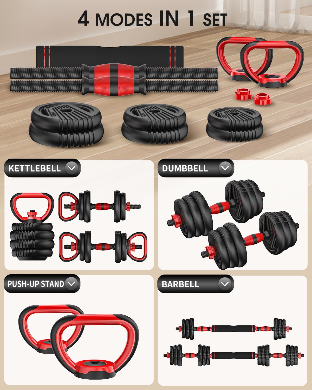 Adjustable Dumbbell,10/20/35/45/70/90/110lbs Free Weight Set with Connector,4 in1 Dumbbell