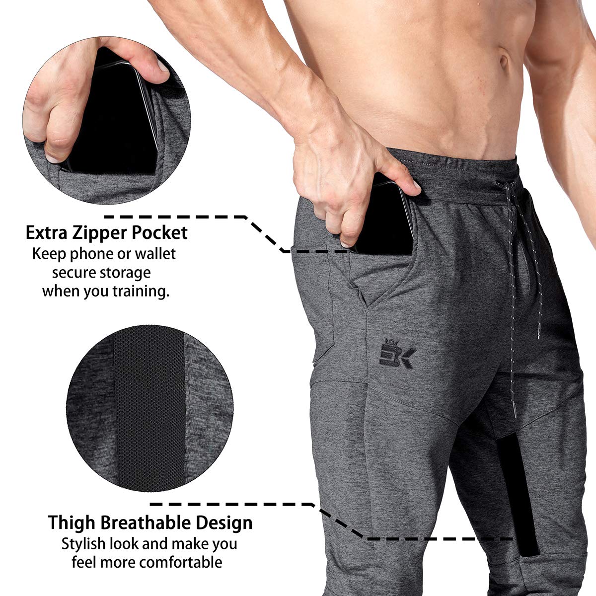 Mens Gym Jogger Pants,Casual Slim Workout Sweatpants with Zipper Pockets