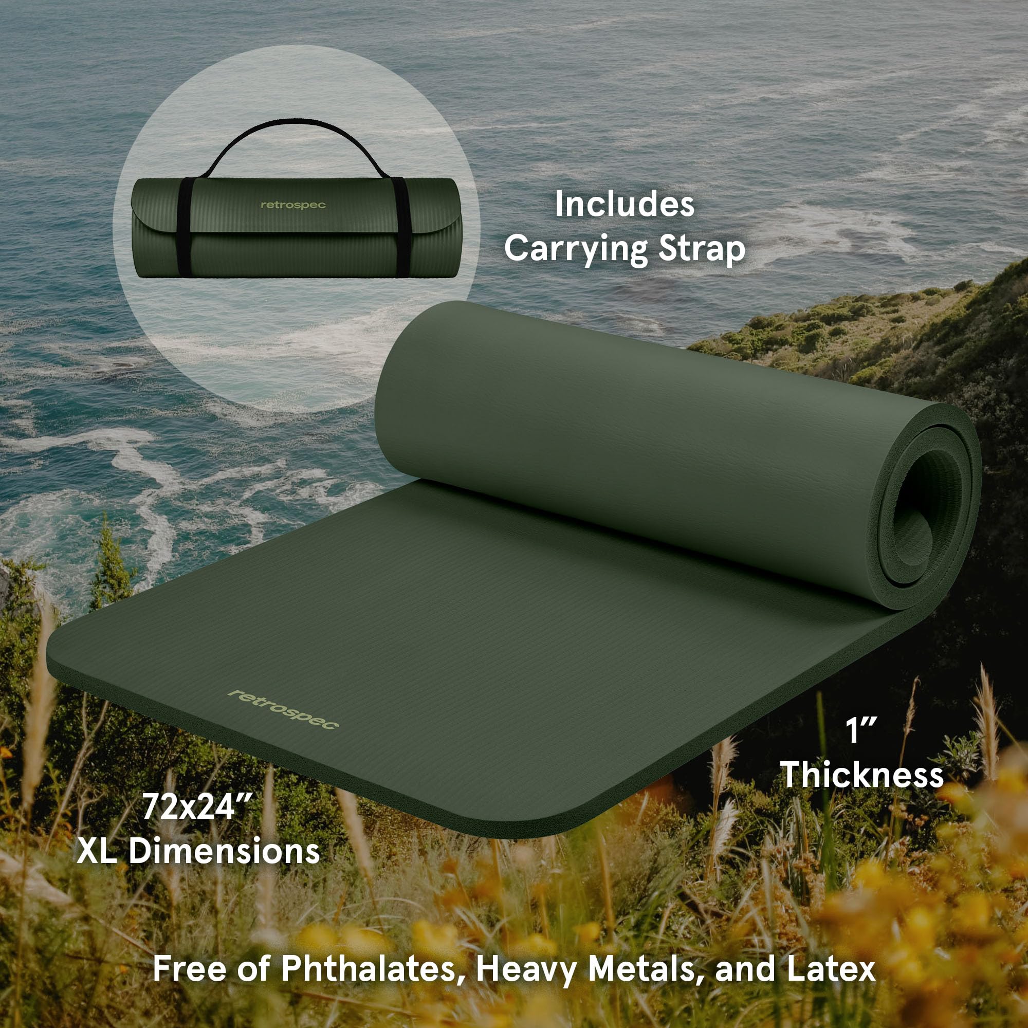 Solana Yoga Mat 1" Thick w/Nylon Strap for Men & Women
