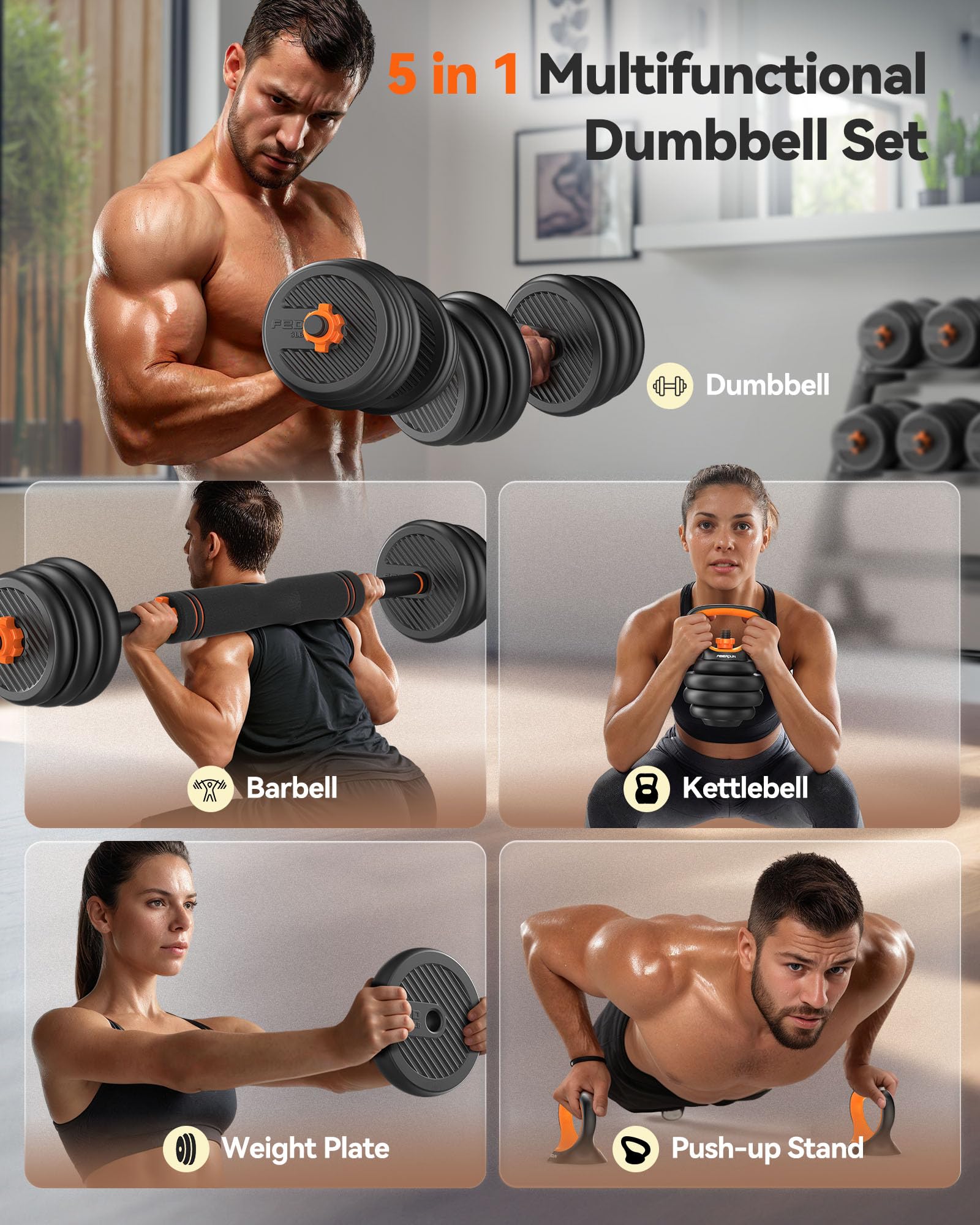 Adjustable Dumbbells, 45lbs Free Weight Set with Connector, 4 in1 Dumbbells Set